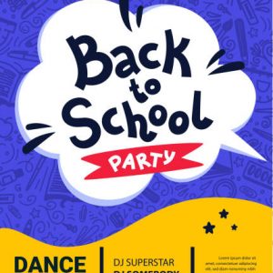 Back to school party poster. Back to school text, date and place for text. Vector illustration.